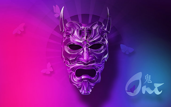 devil mask, oni, horns, butterflies, Fantasy, purple, disguise