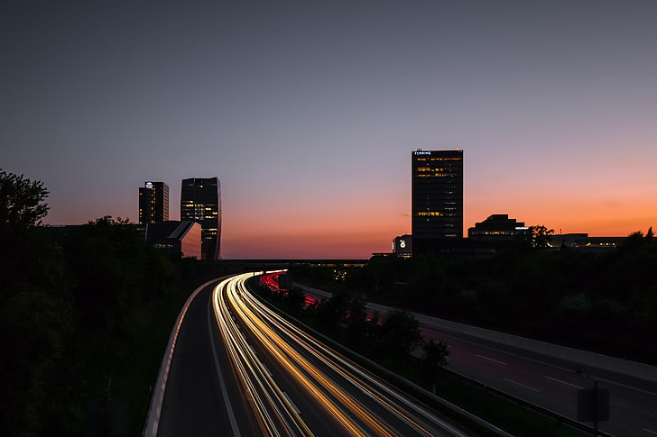 road, skycrapers, lights, city, light trails, sunset, architecture, HD wallpaper