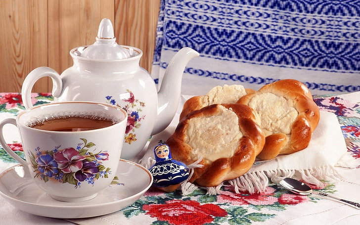 white ceramic teapot and cup, cheese, cheesecake, photo, mug, HD wallpaper