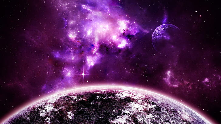 Purple space, purple sky illustration, 1920x1080, planet, universe