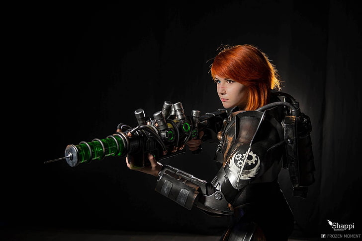 female holding rifle digital wallpaper, Fallout 4, cosplay, power armor