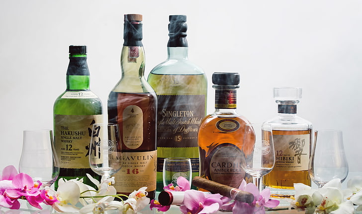 assorted glass liquor bottle, cigar, whiskey, varieties, Hibiki, HD wallpaper