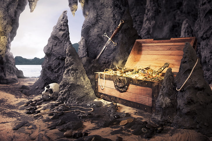 brown wooden treasure chest, sand, sea, beach, stones, rocks