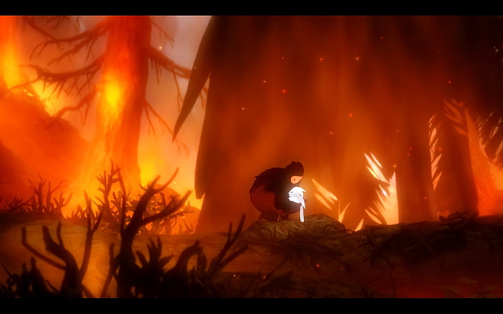 Ori and the Blind Forest, fire, trees, transfer print, burning