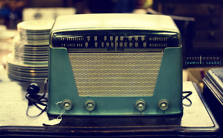 Summer Sound, vintage teal and gray radio, Rusted, Blue, Music