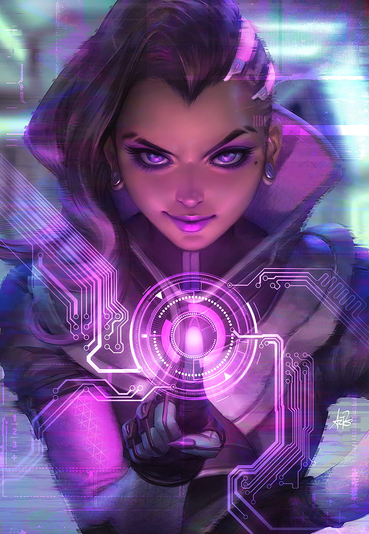 Overwatch, Sombra, Sombra (Overwatch), long hair, purple eyes, HD wallpaper