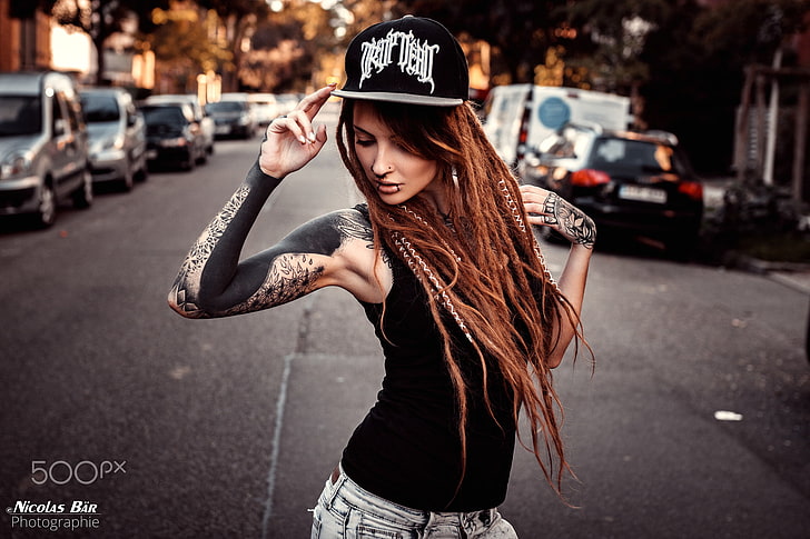 women, dreadlocks, tattoo, street, baseball caps, portrait