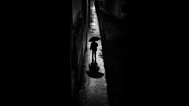 alone, dark, night, monochrome, umbrella, shadow, one person, HD wallpaper