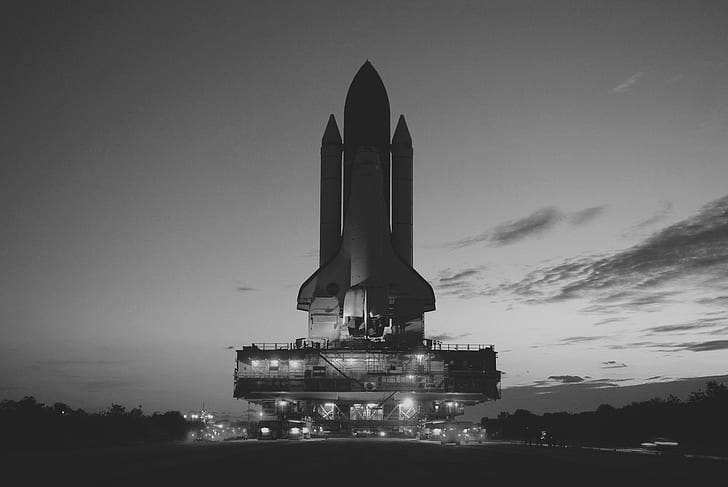 space rocket, clouds, car, monochrome, Discovery