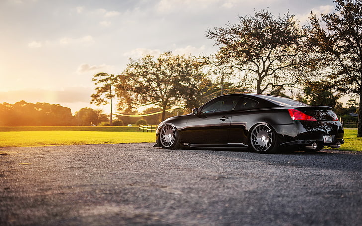 black coupe, infiniti, g35, g37, nature, side view, car, land Vehicle