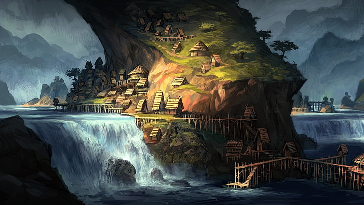 game illustration, fantasy art, village, waterfall, nature, landscape