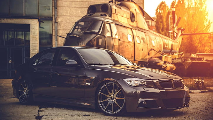 BMW E90, Car, Helicopters, Sunlight, HD wallpaper