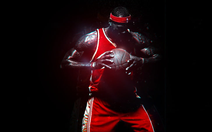 LeBron James, basketball, red, black background, studio shot