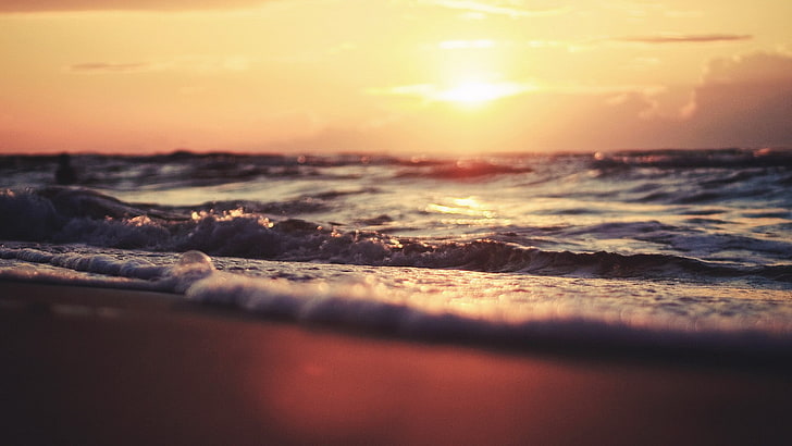 ocean and seashore, water, sunrise, waves, blurred, sky, motion, HD wallpaper