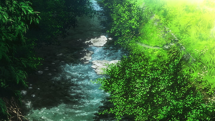 Non Non Biyori, river, plant, tree, green color, water, growth, HD wallpaper