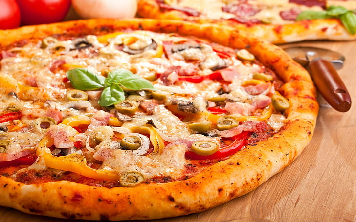 baked pizza, pastry, tasty, cheese, basil, food, tomato, dinner, HD wallpaper