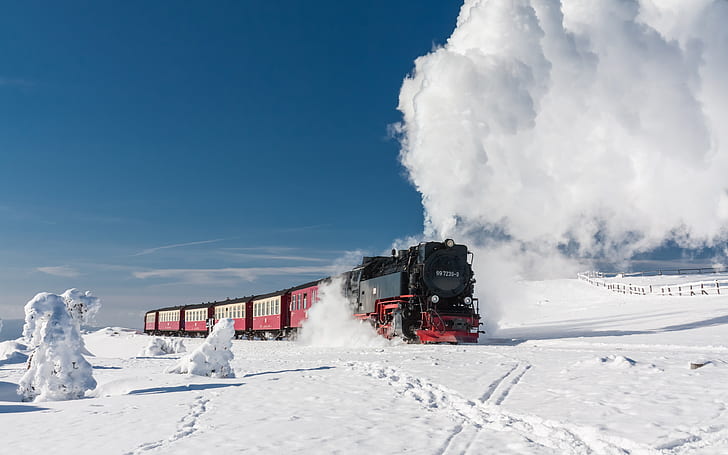 steam locomotive, train, vehicle, snow
