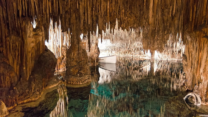 stalactite, rock formation, cave, stalagmite, water, underground lake, HD wallpaper
