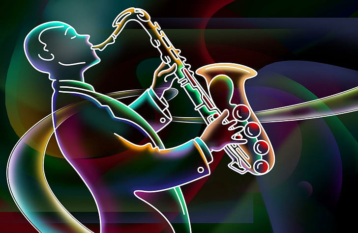 Saxophone, nice, neon, music, 3d and abstract, HD wallpaper