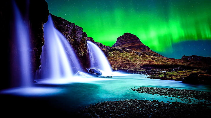 green sky, aurora, aurora borealis, northern lights, waterfall