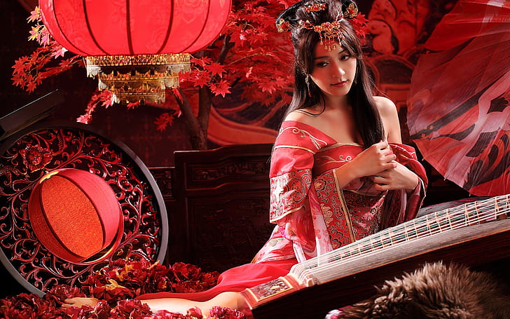 Eastern girl, musical instrument, retro style, HD wallpaper