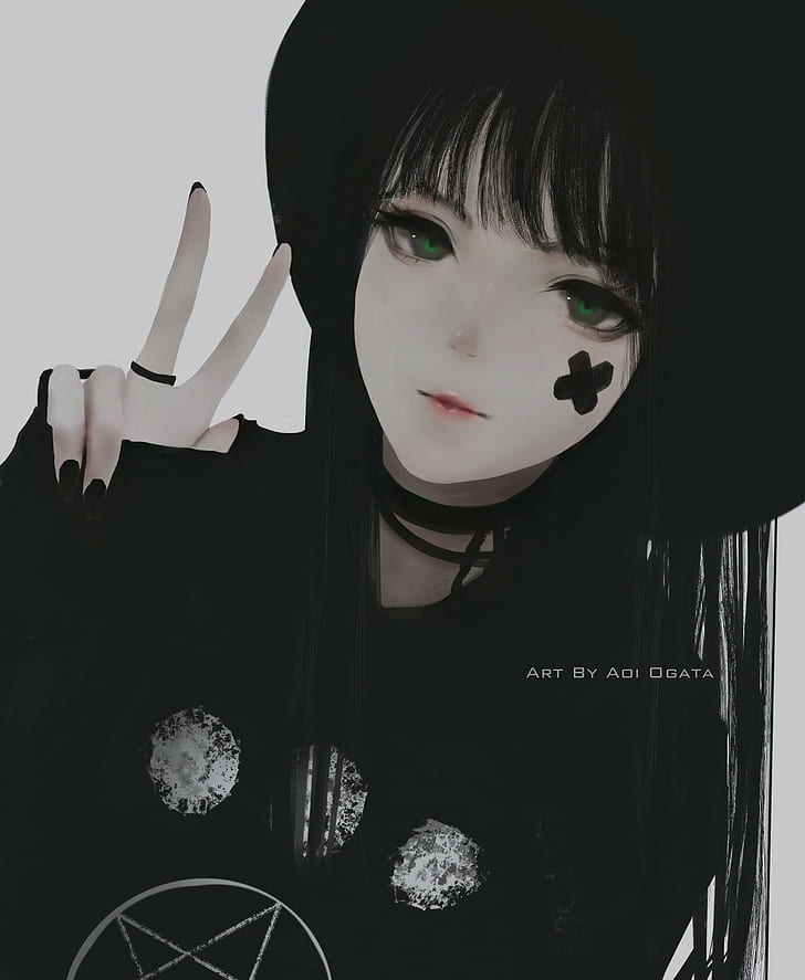 Aoi Ogata, hate-chan, peace sign, black hair, artwork, women