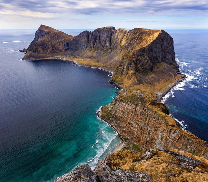 peninsula, island, Norway, sea, beach, cliff, summer, nature