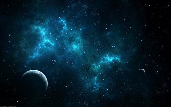 blue and black sky illustration, space, stars, planet, space art, HD wallpaper