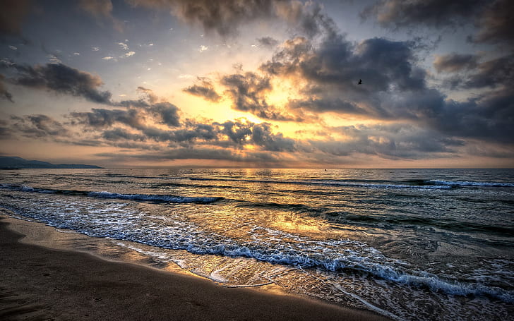 Sea waves, beach, sand, sky, clouds, sunset