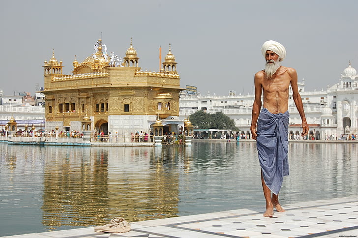 men, old people, India, shirtless, water, architecture, beards