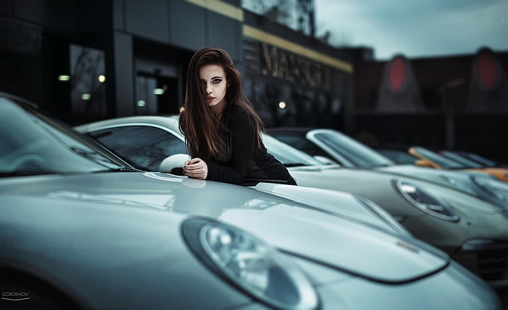 women, hair, dress, brunette, car, black, model, Ivan Gorokhov, HD wallpaper