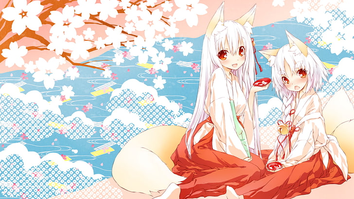 white-haired anime wallpaper, fox girl, animal ears, shrine maidens, HD wallpaper