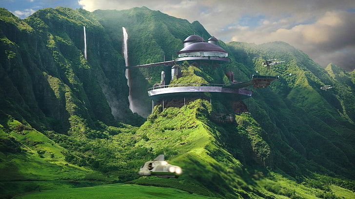house on mountain, waterfall, science fiction, digital art, futuristic