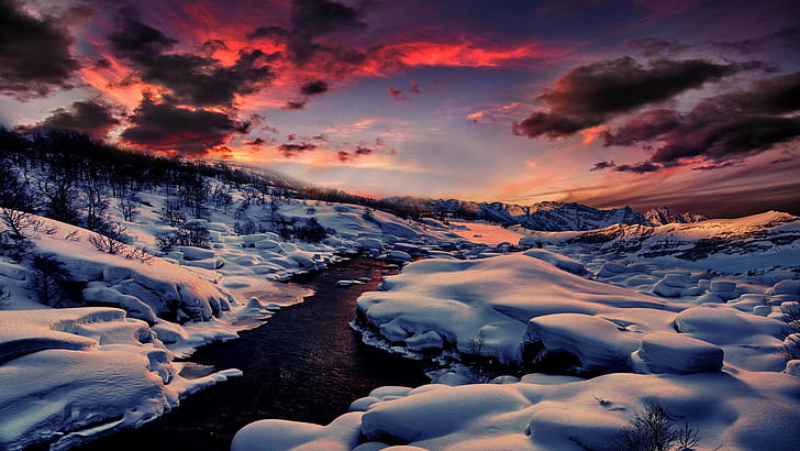 Winter, snow, river, mountain, forest, sunset