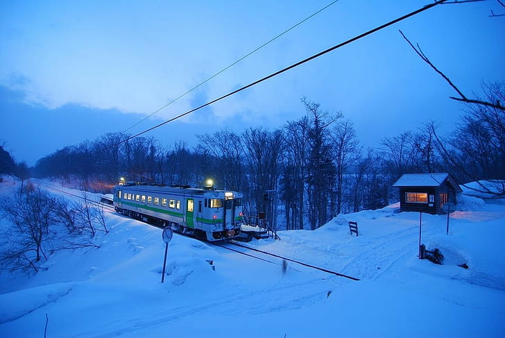 train, winter, vehicle, landscape