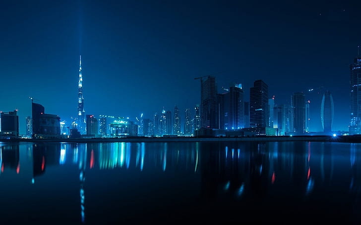 Burj Khalifa, Architecture, High Building, Night, Lights, Lake, Reflection, city during night time, HD wallpaper