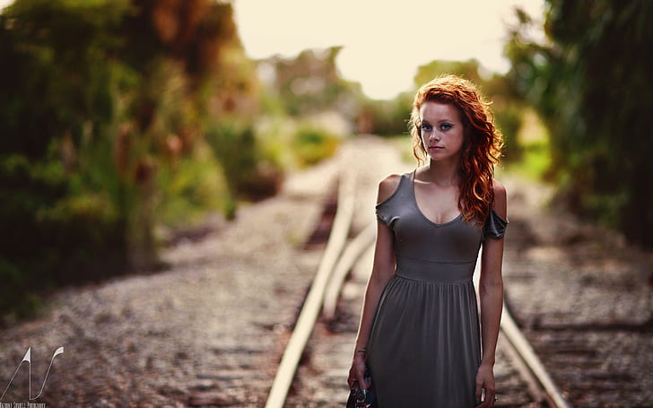 women, model, redhead, long hair, Anthony Sundell, railway, HD wallpaper