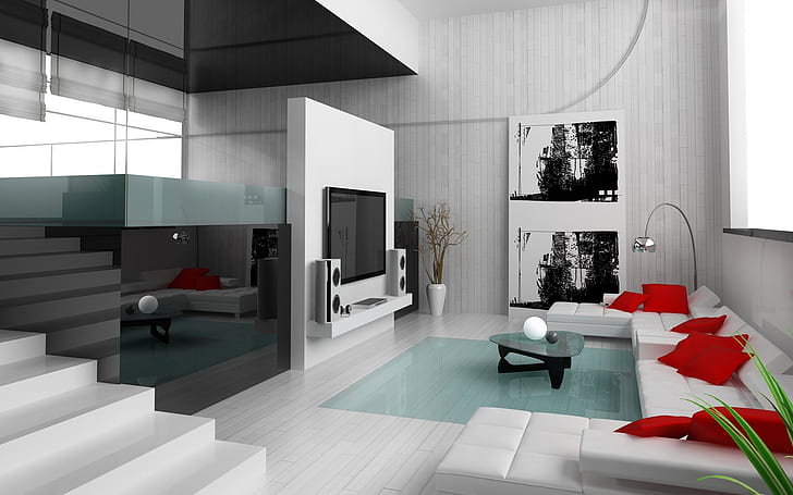 Living design, white and red livingroom set, furniture, house, HD wallpaper
