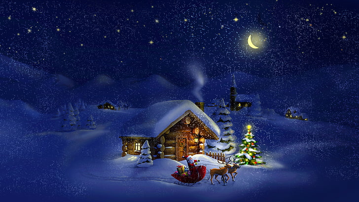 Santa Claus illustration, winter, stars, snow, tree, The moon