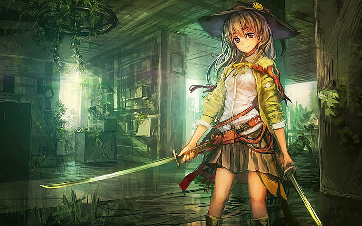 anime, arts, center, girl, hat, Katana, Lm7, Op, smiley, weapons