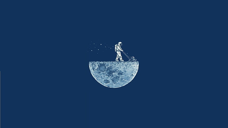 astronaut on moon illustration, space, minimalism, blue background, HD wallpaper