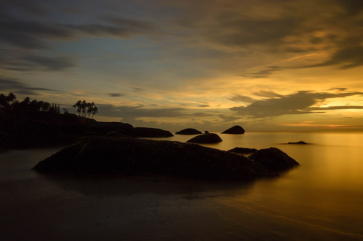 photography, nature, clouds, sunset, rocks, trees, sea, dark, HD wallpaper