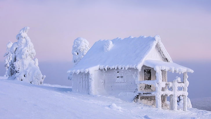 ice cap, mountainside, melancholy, cold, shanty, hut, log cabin, HD wallpaper