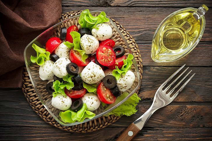 bowl of vegetable salad, oil, cheese, tomatoes, food, appetizer