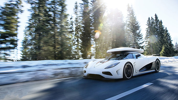 white coupe, Koenigsegg Agera R, car, snow, motor vehicle, mode of transportation, HD wallpaper