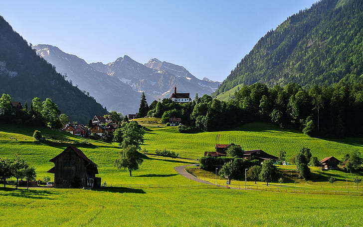 Switzerland Scenery Houses Mountains Grasslands Flueli Trees Cities Nature 414032, HD wallpaper
