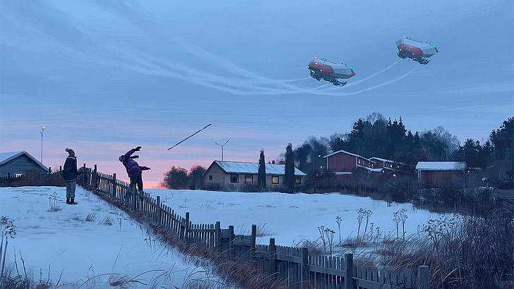 brown pallet fence, Simon Stålenhag, artwork, cold temperature