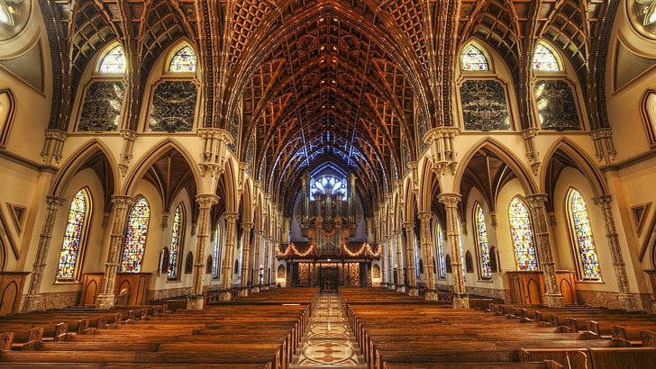 brown wooden church bench, HDR, indoors, architecture, place of worship
