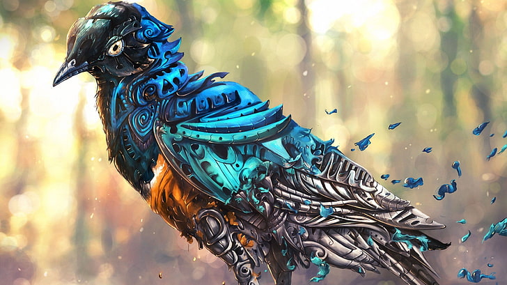 blue and white bird illustration, artwork, fantasy art, digital art