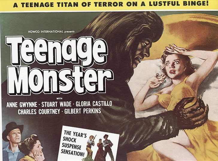 Teenage Monster book, vintage, movie poster, text, men, communication